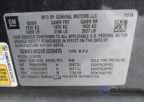 2015 Chevrolet Traverse Ltz z USA, uszkodzony, nr VIN 1GNKVJKD3FJ229475